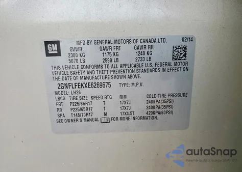 2014 Chevrolet Equinox Lt из США, поврежденный, VIN 2GNFLFEKXE6269675